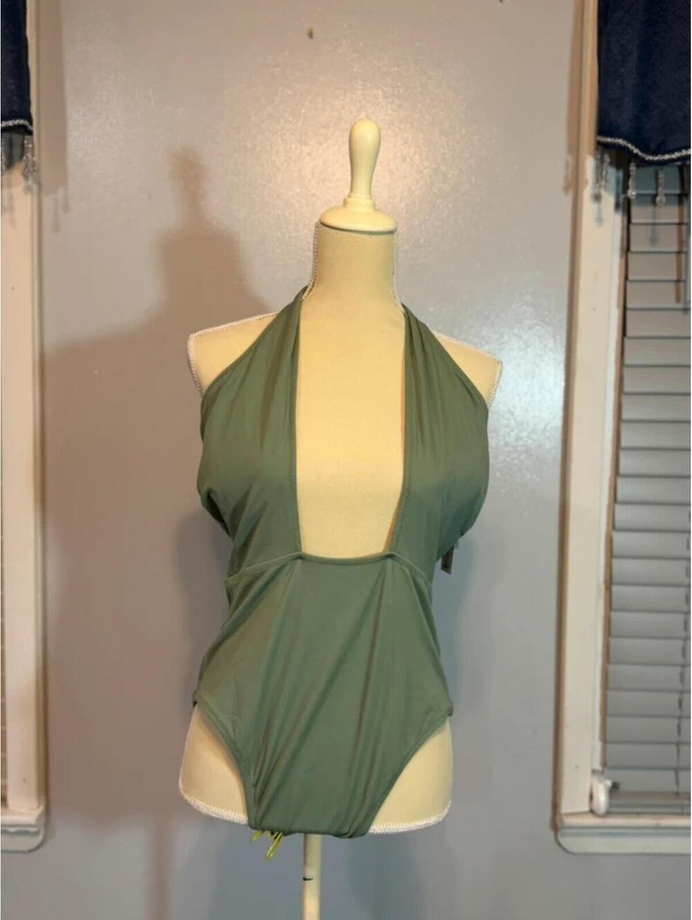 Olive Green One Piece Swimsuit L Extra Cheeky Halter Deep Plunge Open Back